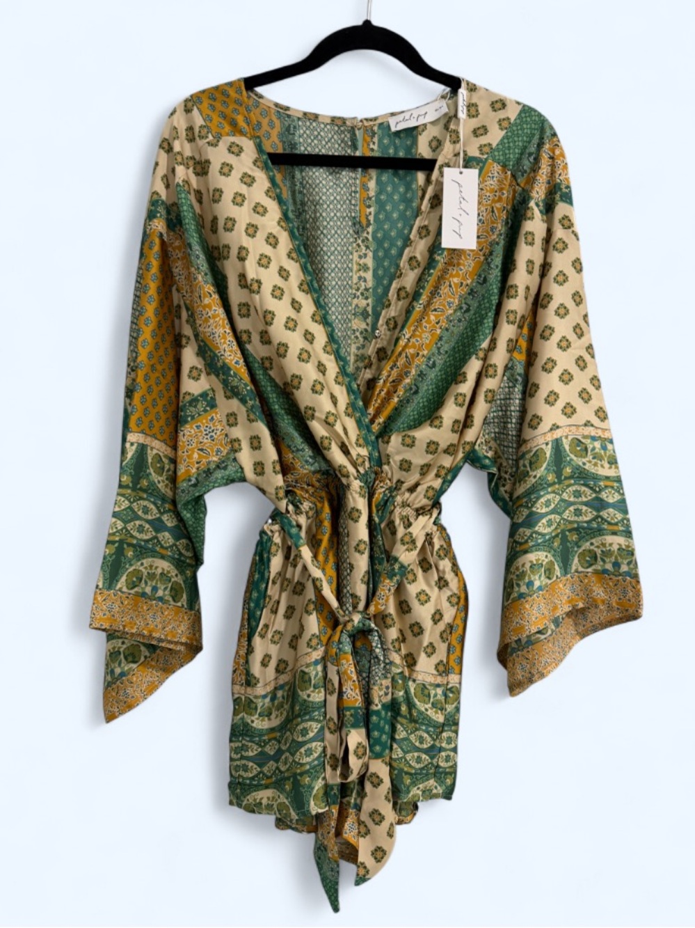 Petal & Pup Green and Gold Patterned Satin Kimono Robe